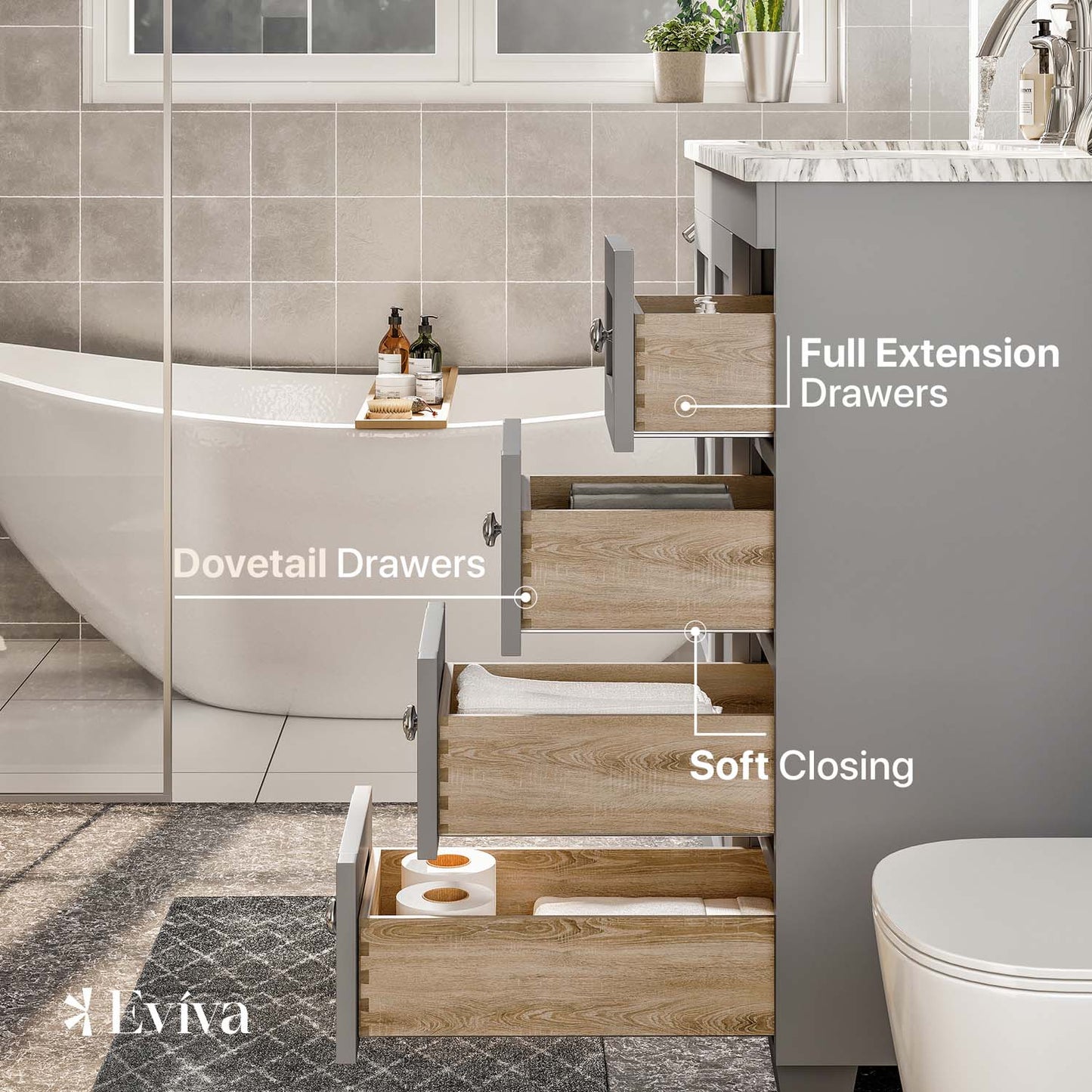 Eviva Acclaim 28" Gray Transitional Bathroom Vanity with White Carrara Top