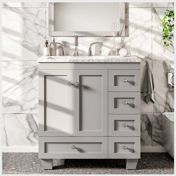 Eviva Acclaim C 30 Transitional Grey Bathroom Vanity with White Carrera Marble Counter-Top