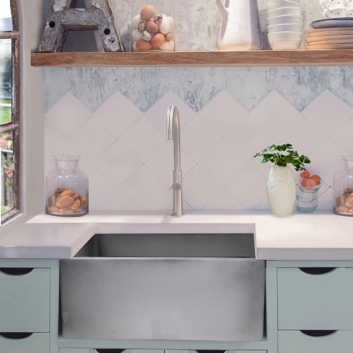 Nantucket 23" Fireclay Farmhouse with Concrete Finish - FCFS2418S-Concrete displayed in a modern kitchen setting.