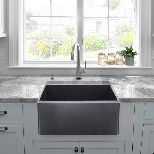 Nantucket 23" Fireclay Farmhouse with Matte Black Finish - FCFS2418S-MatteBlack displayed in a modern kitchen.