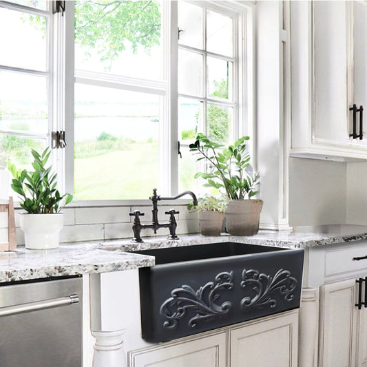 Nantucket 33" Fireclay Farmhouse with Filigree Apron - FCFS3320S-FiligreeMBL in elegant kitchen setting