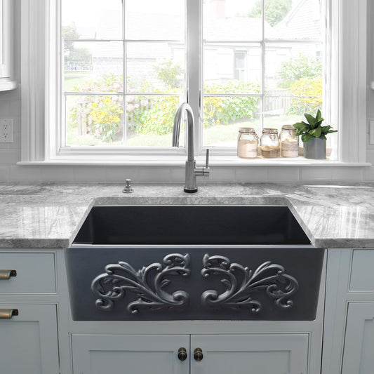 Nantucket 33" Fireclay Farmhouse with Filigree Apron - FCFS3320S-FiligreeMBL in a stylish kitchen setting.