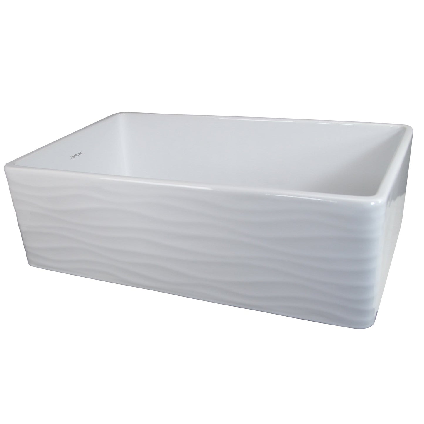 Nantucket 33" Fireclay Farmhouse with Waves - FCFS3320S-W-Waves front view showcasing the sculptural waves design.