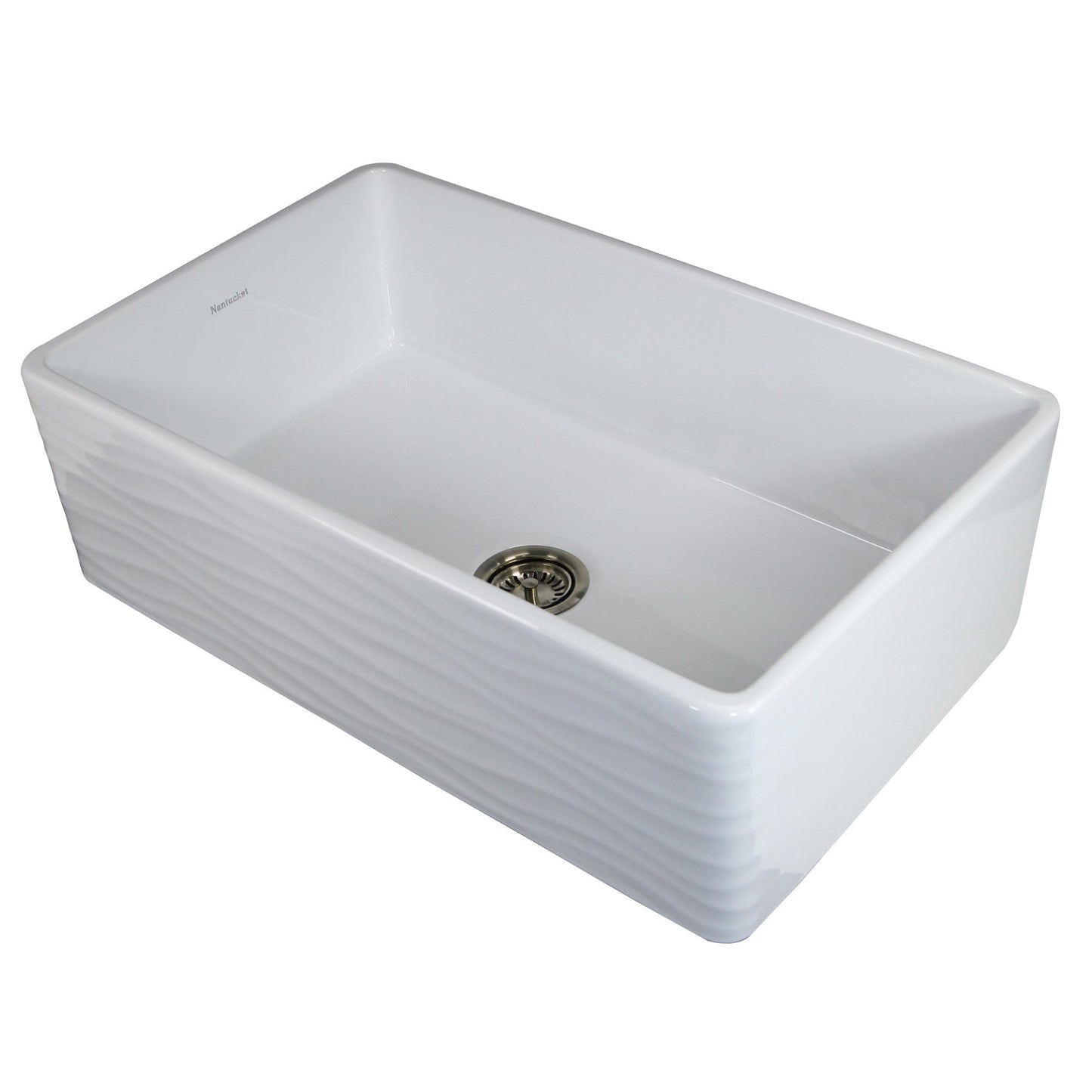 Nantucket 33" Fireclay Farmhouse with Waves - FCFS3320S-W-Waves front view of the white waves design kitchen sink.