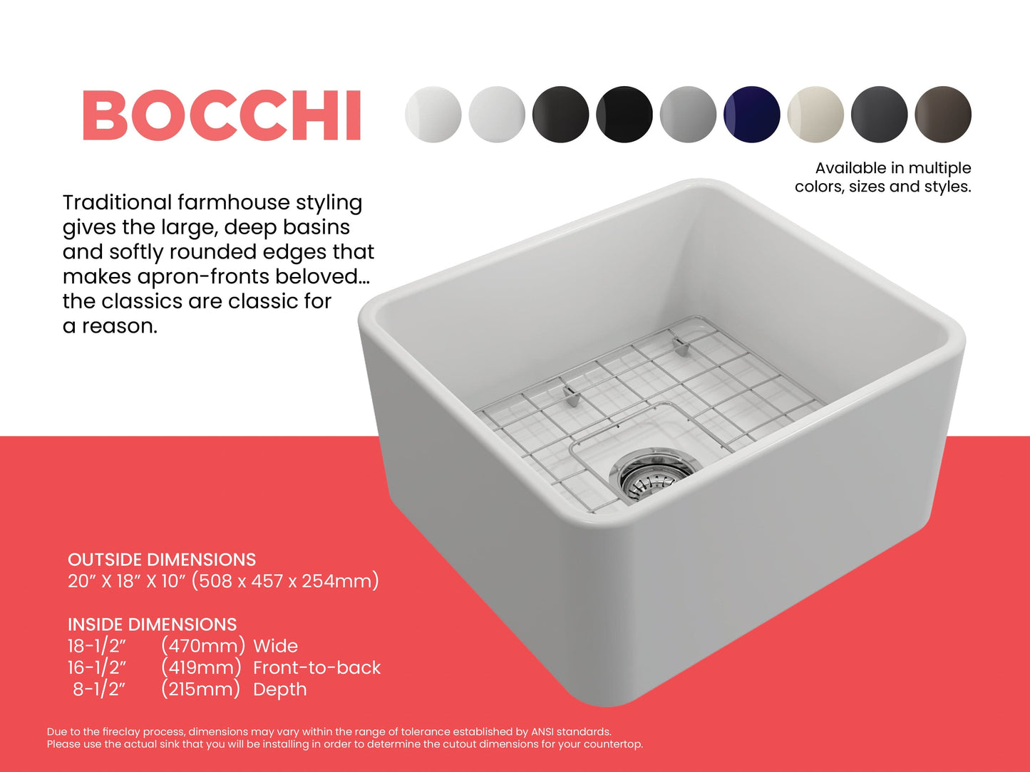 BOCCHI CLASSICO 20" Fireclay Farmhouse Single Bowl Kitchen Sink with Protective Bottom Grid and Strainer right side view on red background.