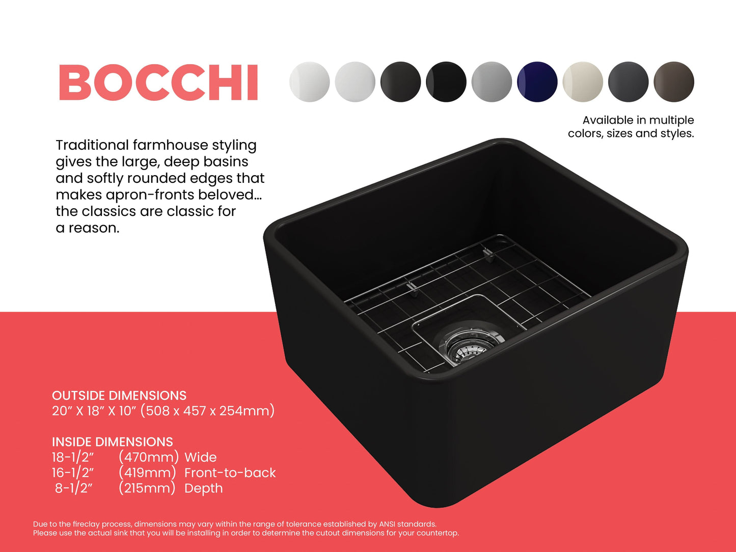 BOCCHI CLASSICO 20" Fireclay Farmhouse Single Bowl Kitchen Sink with Protective Bottom Grid and Strainer in black finish, top view.