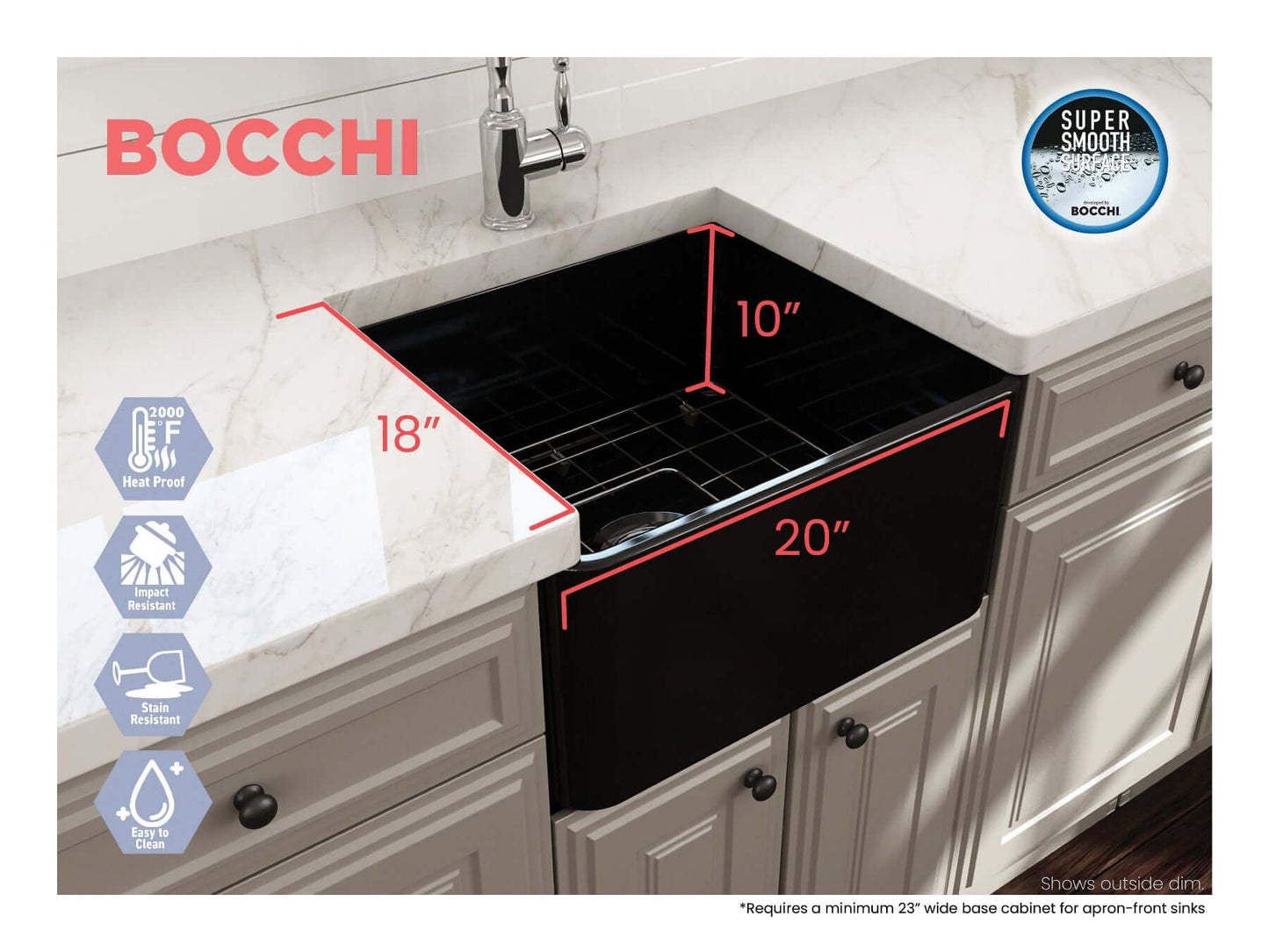 BOCCHI CLASSICO 20" Fireclay Farmhouse Single Bowl Kitchen Sink with Protective Bottom Grid and Strainer right side view with dimensions.
