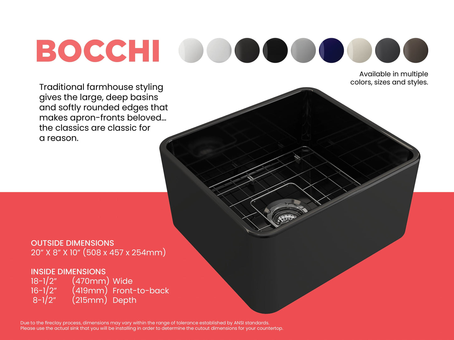 BOCCHI CLASSICO 20" Fireclay Farmhouse Single Bowl Kitchen Sink with Protective Bottom Grid and Strainer