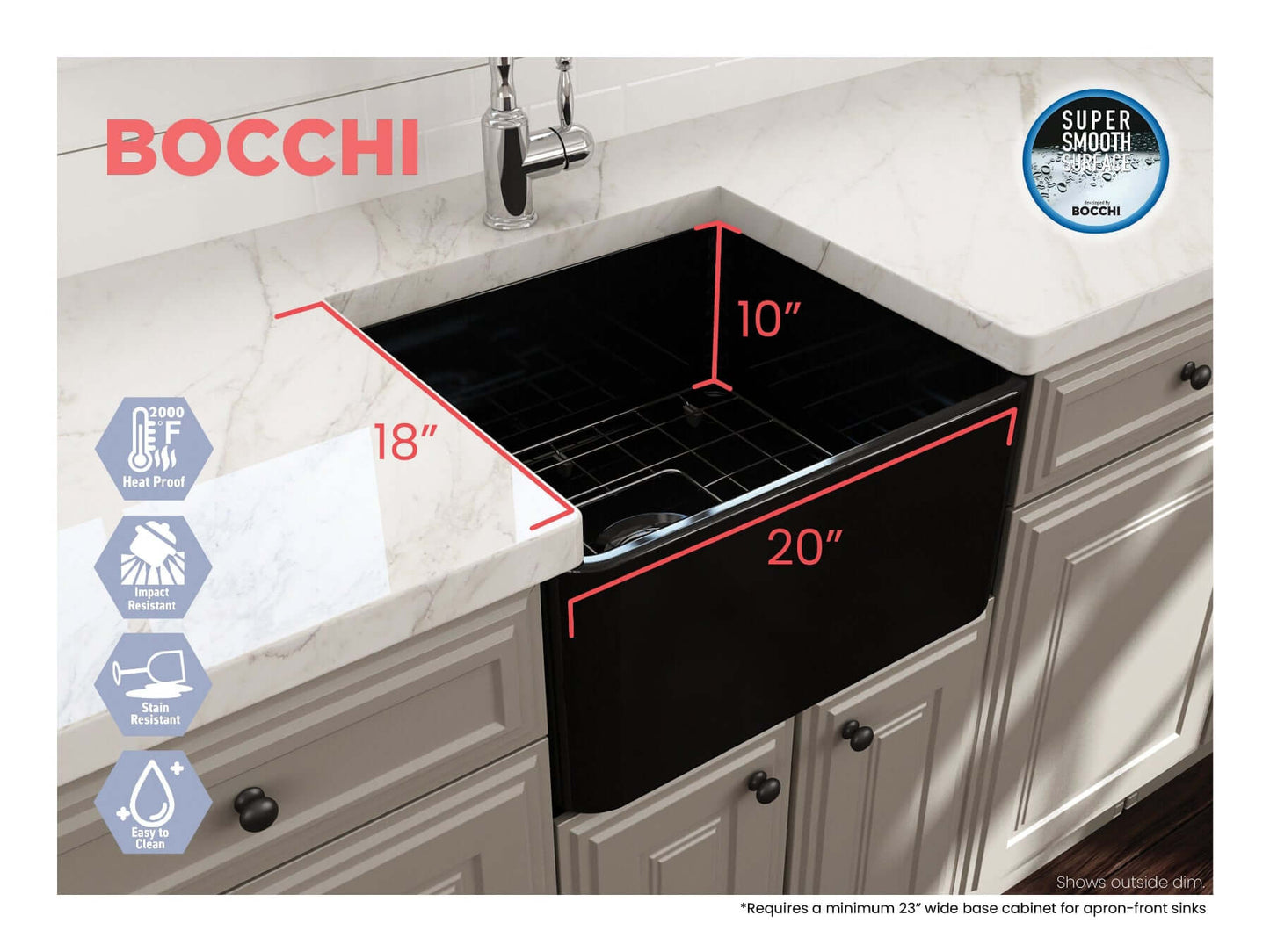 BOCCHI CLASSICO 20" Fireclay Farmhouse Single Bowl Kitchen Sink with Protective Bottom Grid and Strainer black compact dimensions view