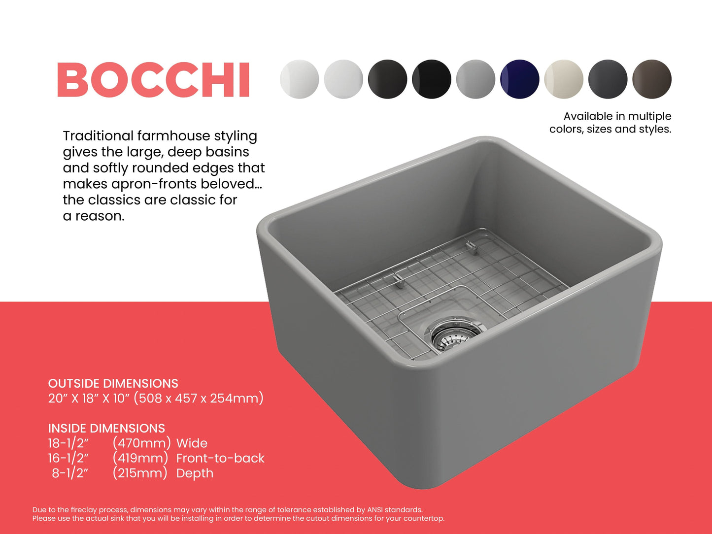 BOCCHI CLASSICO 20" Fireclay Farmhouse Single Bowl Kitchen Sink with Protective Bottom Grid and Strainer in gray right side view