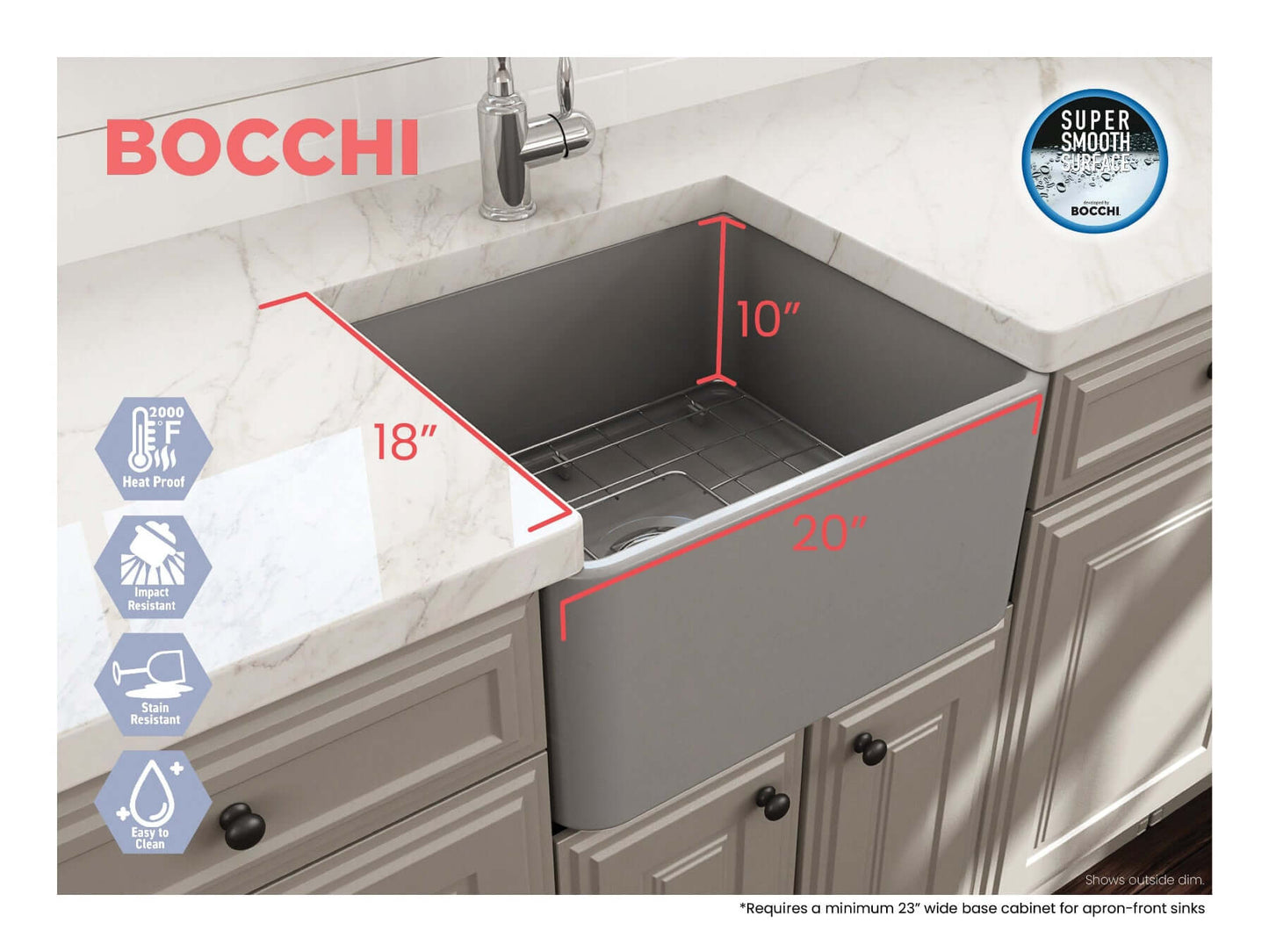 BOCCHI CLASSICO 20" Fireclay Farmhouse Single Bowl Kitchen Sink with Protective Bottom Grid and Strainer - Right side view with measurements.