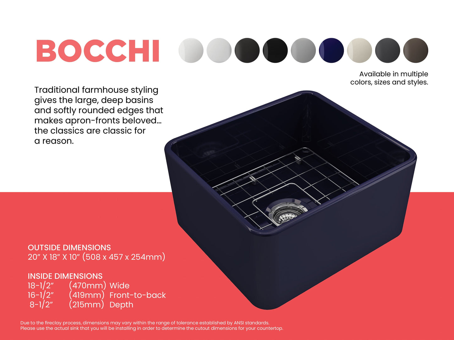 BOCCHI CLASSICO 20" Fireclay Farmhouse Single Bowl Kitchen Sink with Protective Bottom Grid and Strainer in navy finish, top view.