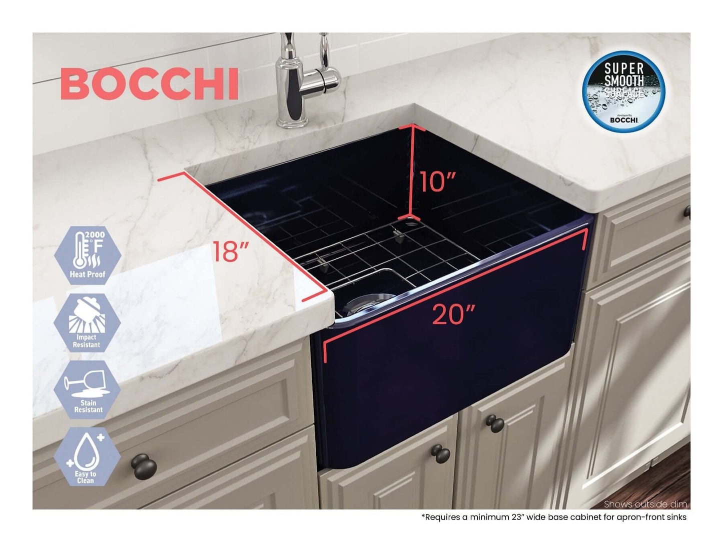 BOCCHI CLASSICO 20" Fireclay Farmhouse Single Bowl Kitchen Sink with Protective Bottom Grid and Strainer, top view with dimensions shown.