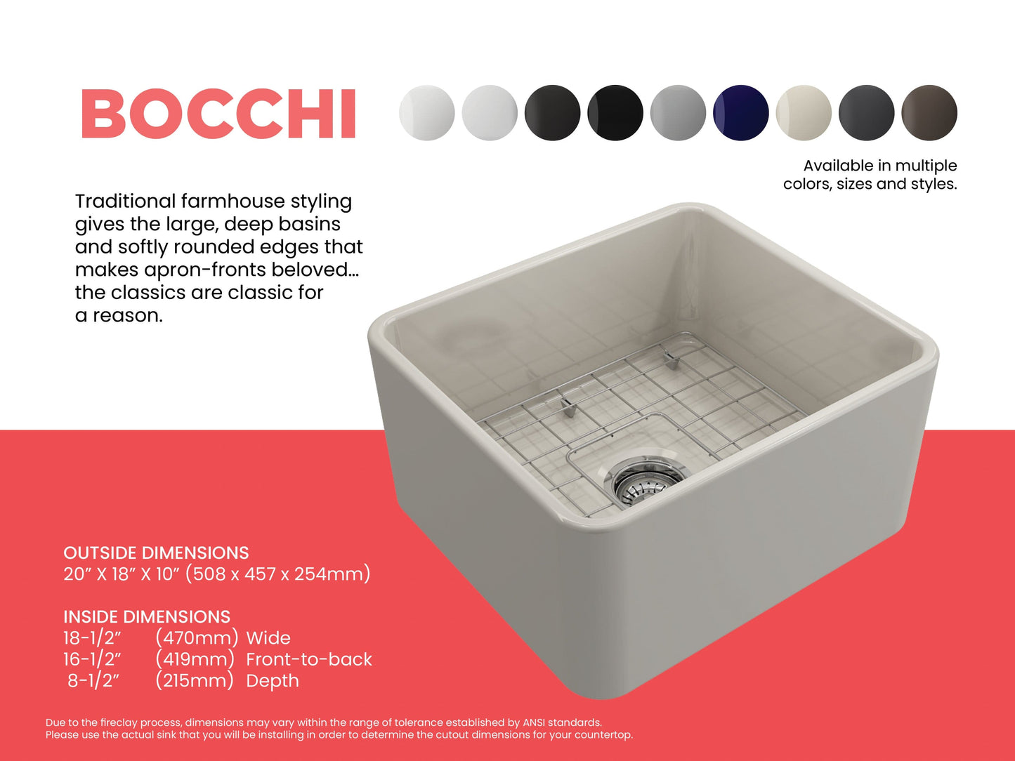 BOCCHI CLASSICO 20" Fireclay Farmhouse Single Bowl Kitchen Sink with Protective Bottom Grid and Strainer right side view in light color