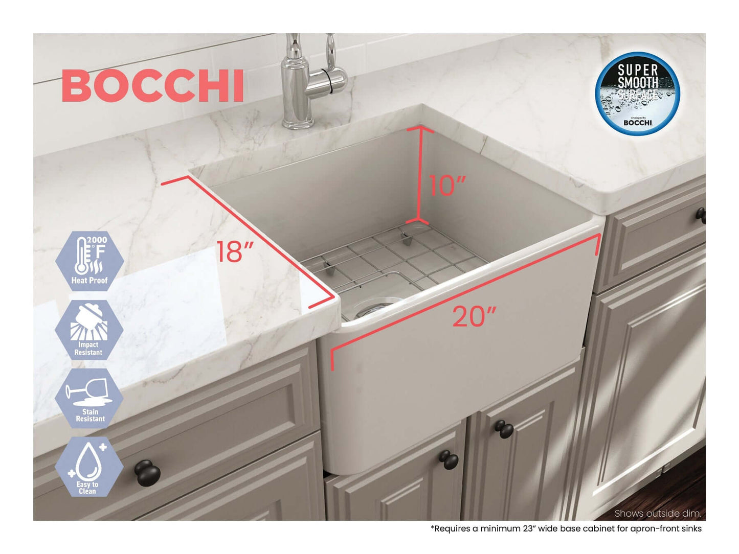 BOCCHI CLASSICO 20" Fireclay Farmhouse Single Bowl Kitchen Sink with Protective Bottom Grid and Strainer, top view with dimensions