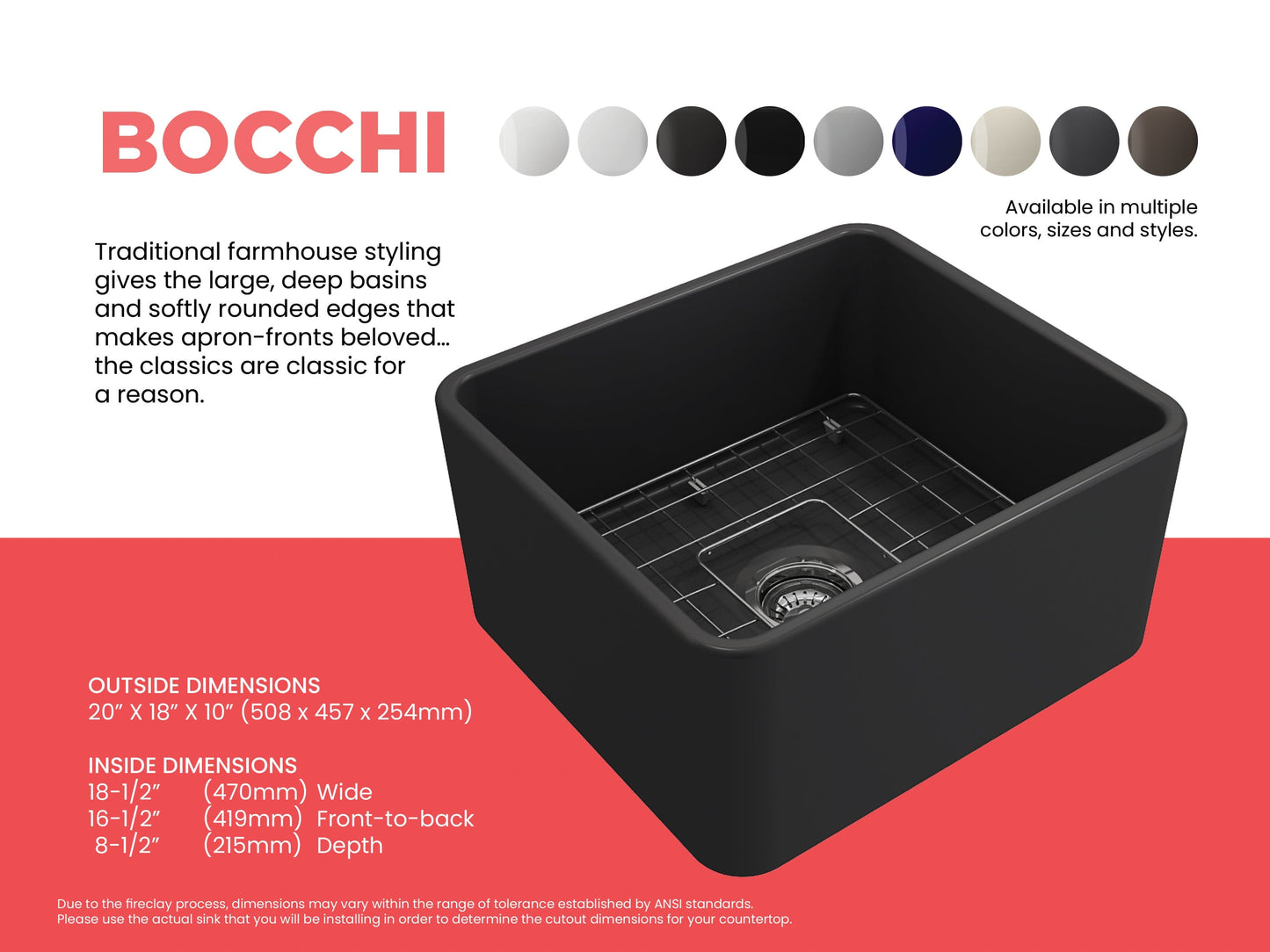 BOCCHI CLASSICO 20" Fireclay Farmhouse Single Bowl Kitchen Sink with Protective Bottom Grid and Strainer - Black color, top right view.
