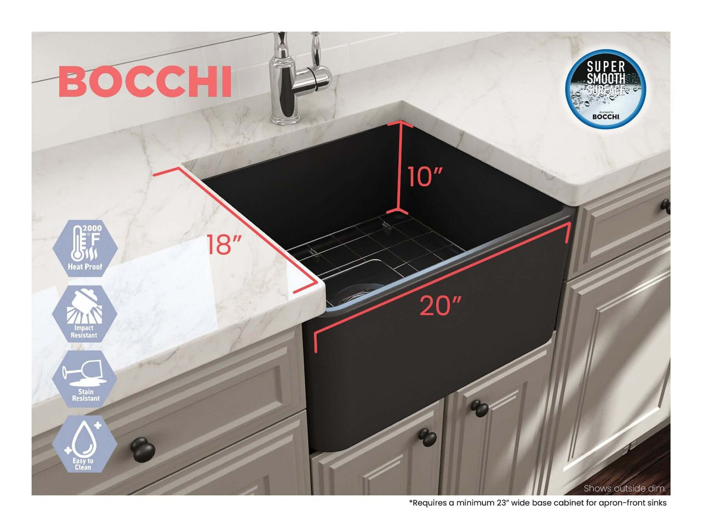 BOCCHI CLASSICO 20" Fireclay Farmhouse Single Bowl Kitchen Sink with Protective Bottom Grid and Strainer Left side view with dimensions