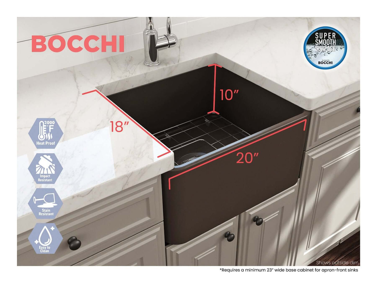 BOCCHI CLASSICO 20" Fireclay Farmhouse Single Bowl Kitchen Sink with Protective Bottom Grid and Strainer top view dimensions