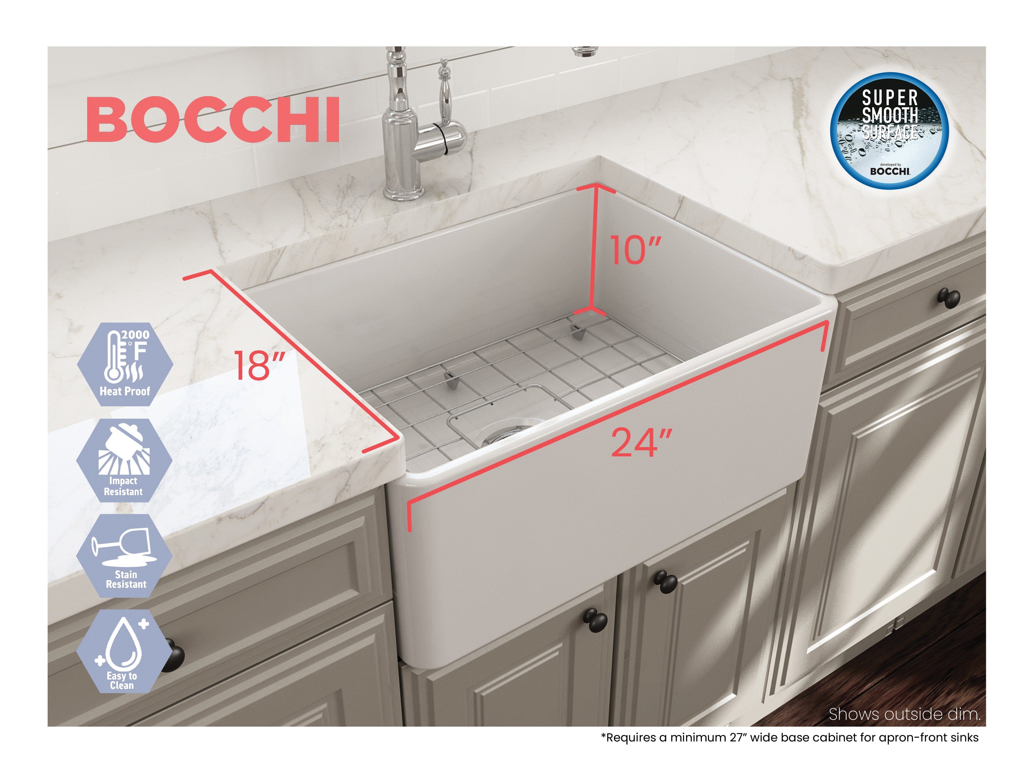 BOCCHI CLASSICO 24" Fireclay Farmhouse Single Bowl Kitchen Sink with protective bottom grid and strainer