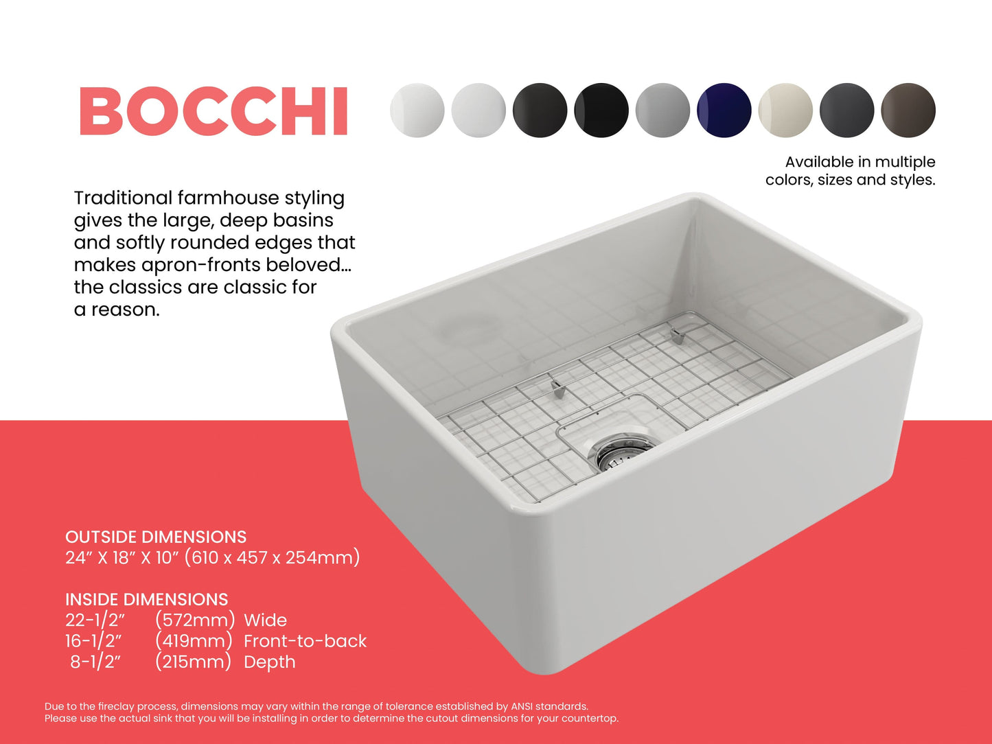 BOCCHI CLASSICO 24" Fireclay Farmhouse Single Bowl Kitchen Sink with protective bottom grid and strainer