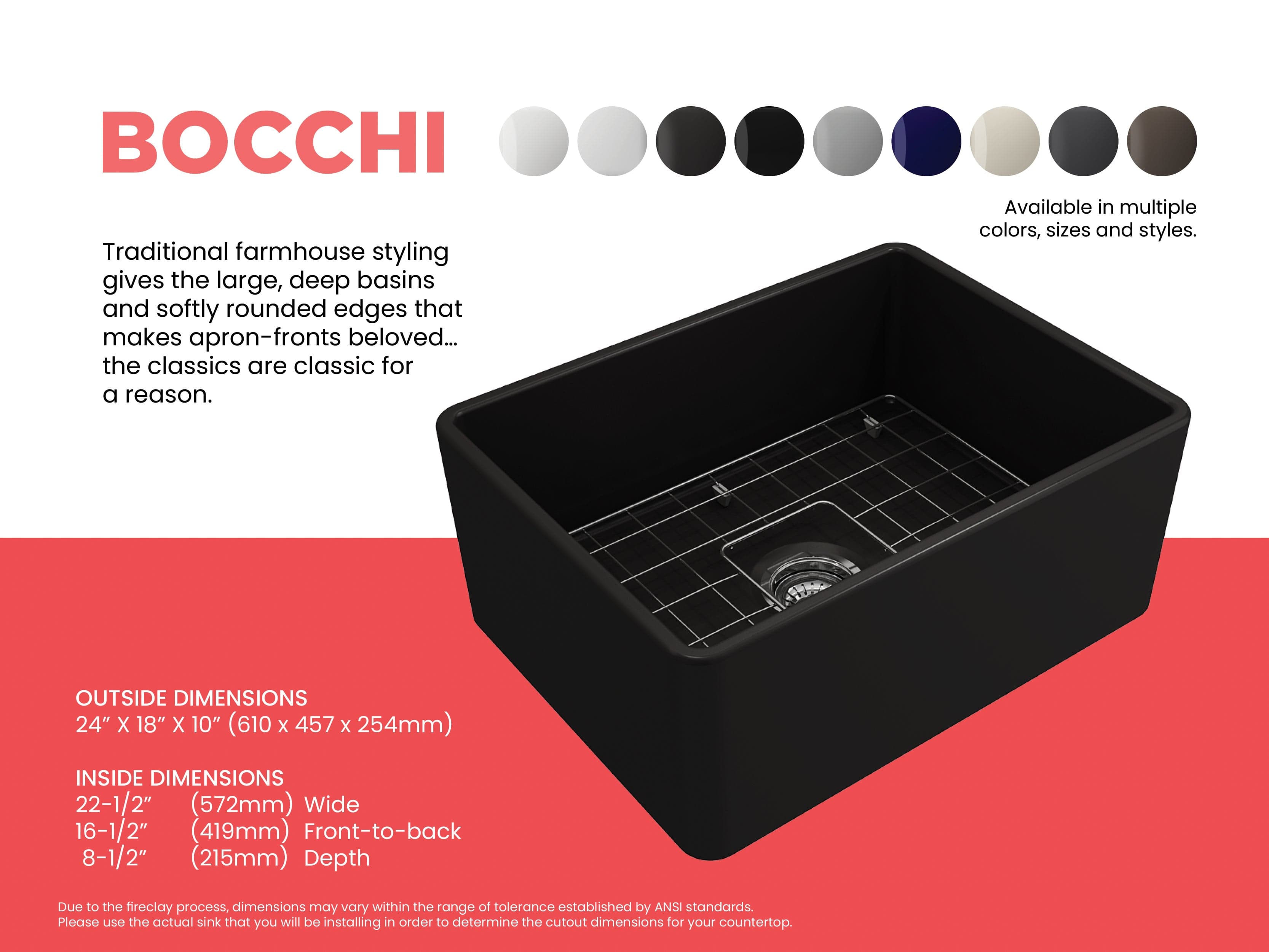 BOCCHI CLASSICO 24" Fireclay Farmhouse Single Bowl Kitchen Sink with protective bottom grid and strainer