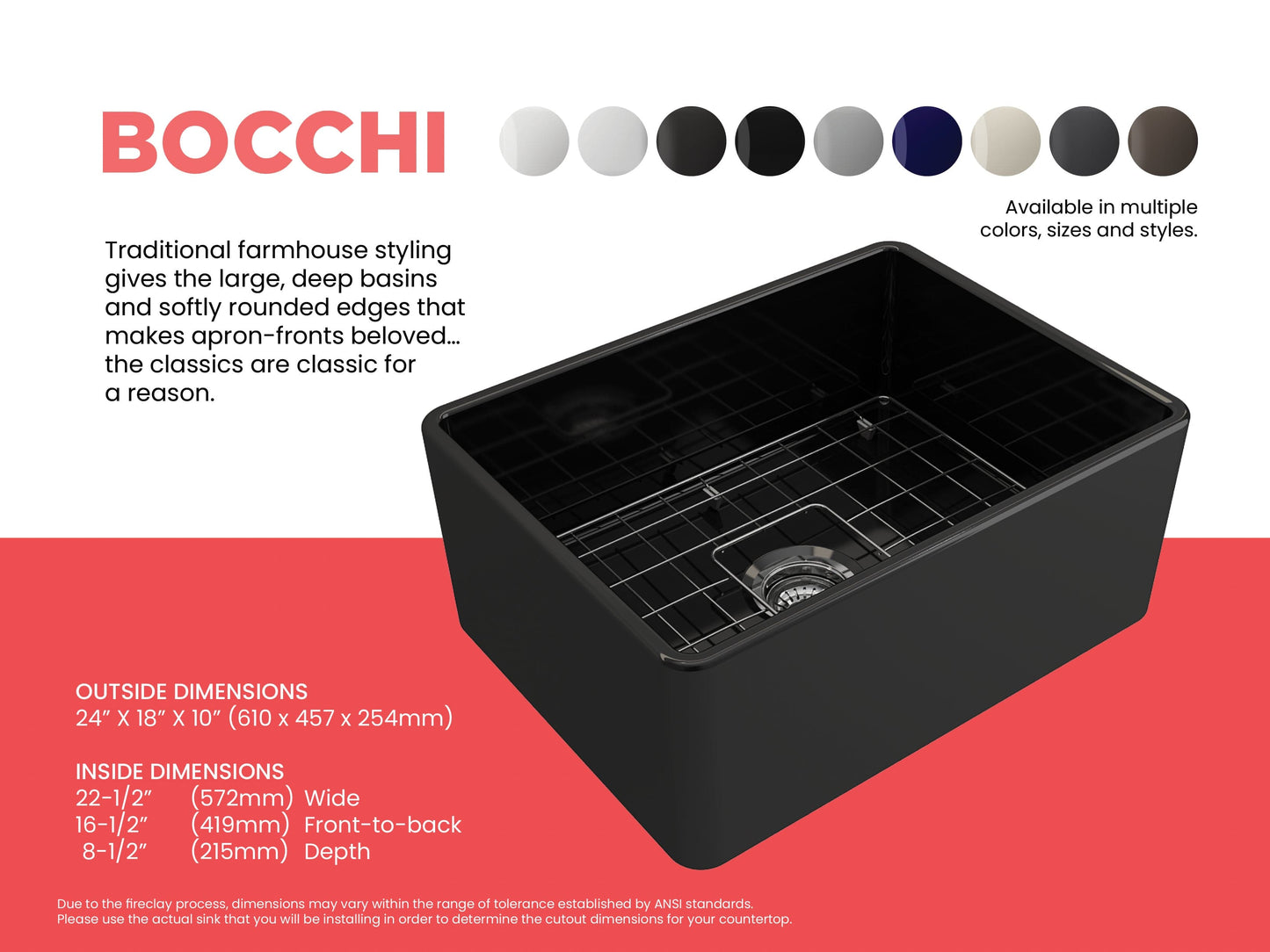 BOCCHI CLASSICO 24" Fireclay Farmhouse Single Bowl Kitchen Sink with protective bottom grid and strainer