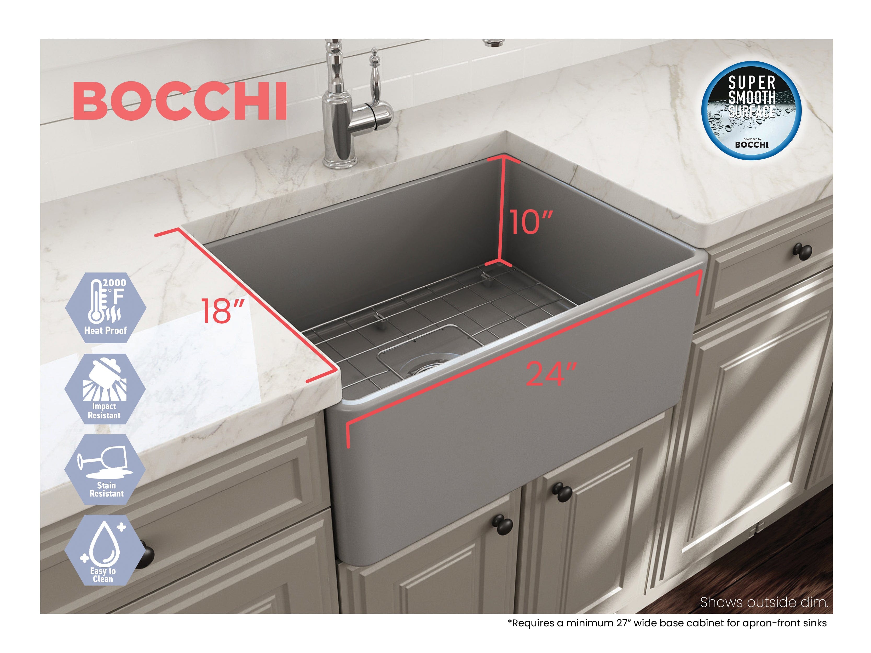 BOCCHI CLASSICO 24" Fireclay Farmhouse Single Bowl Kitchen Sink with protective bottom grid and strainer