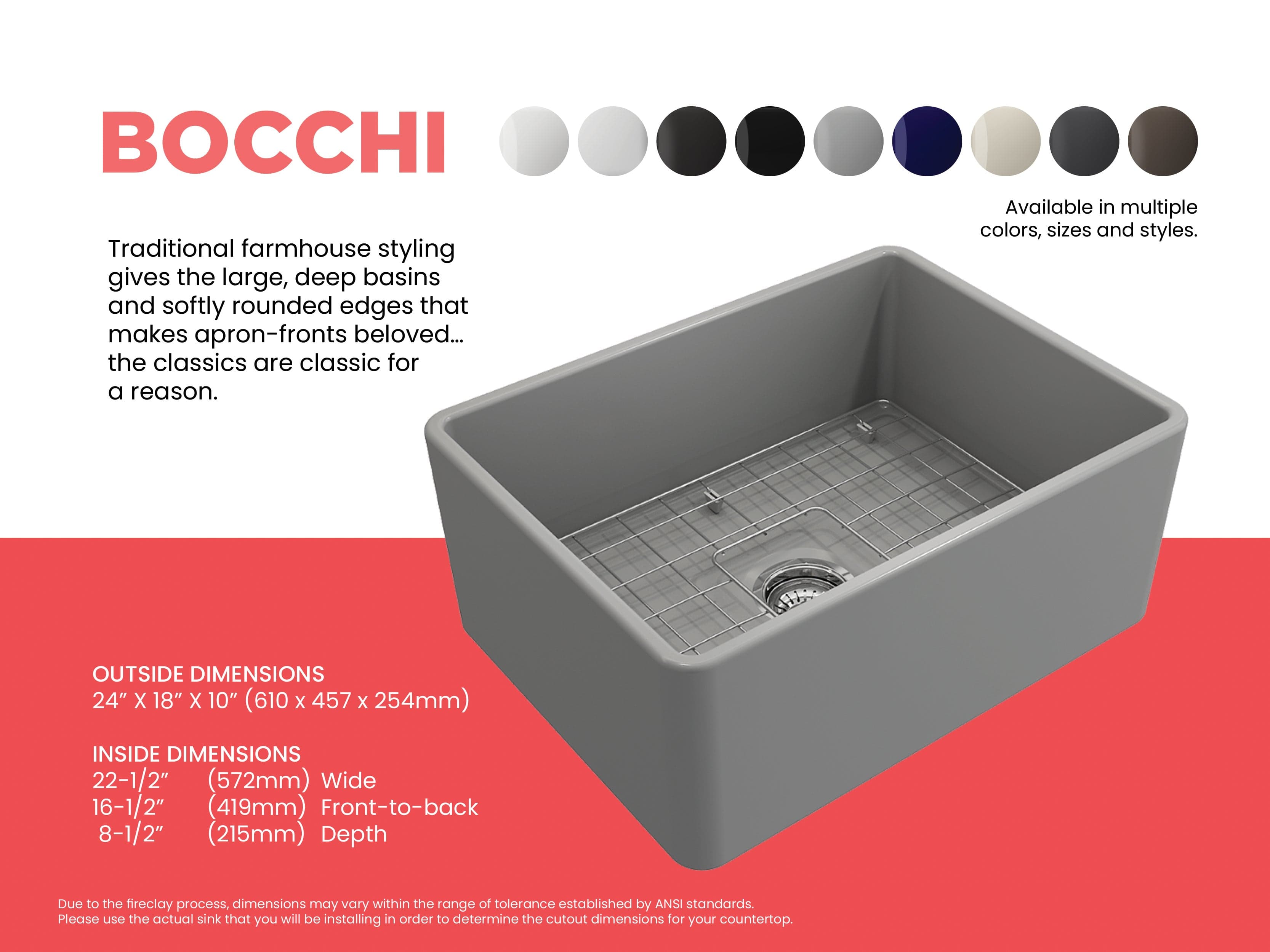 BOCCHI CLASSICO 24" Fireclay Farmhouse Single Bowl Kitchen Sink with protective bottom grid and strainer