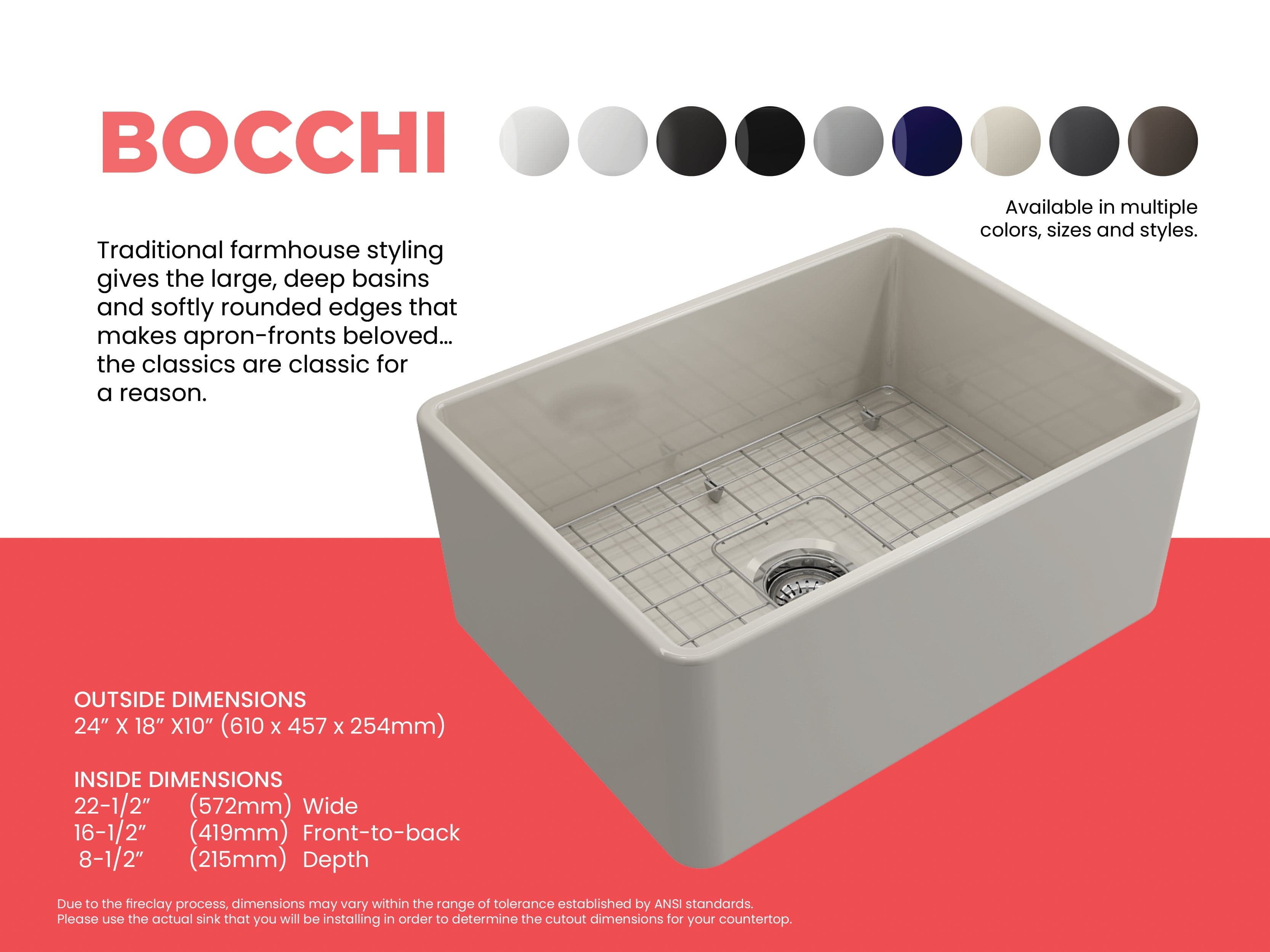 BOCCHI CLASSICO 24" Fireclay Farmhouse Single Bowl Kitchen Sink with protective bottom grid and strainer