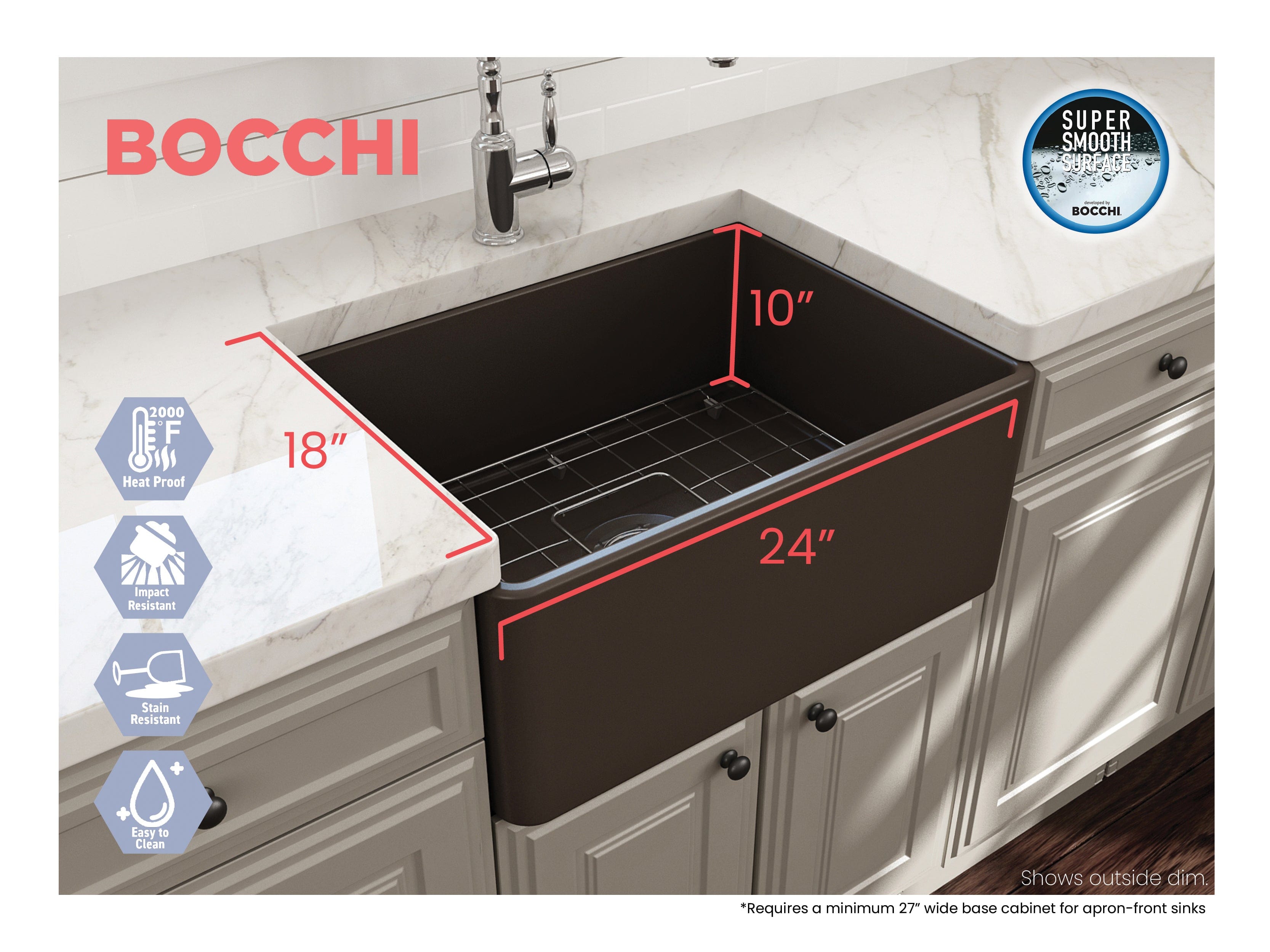 BOCCHI CLASSICO 24" Fireclay Farmhouse Single Bowl Kitchen Sink with protective bottom grid and strainer