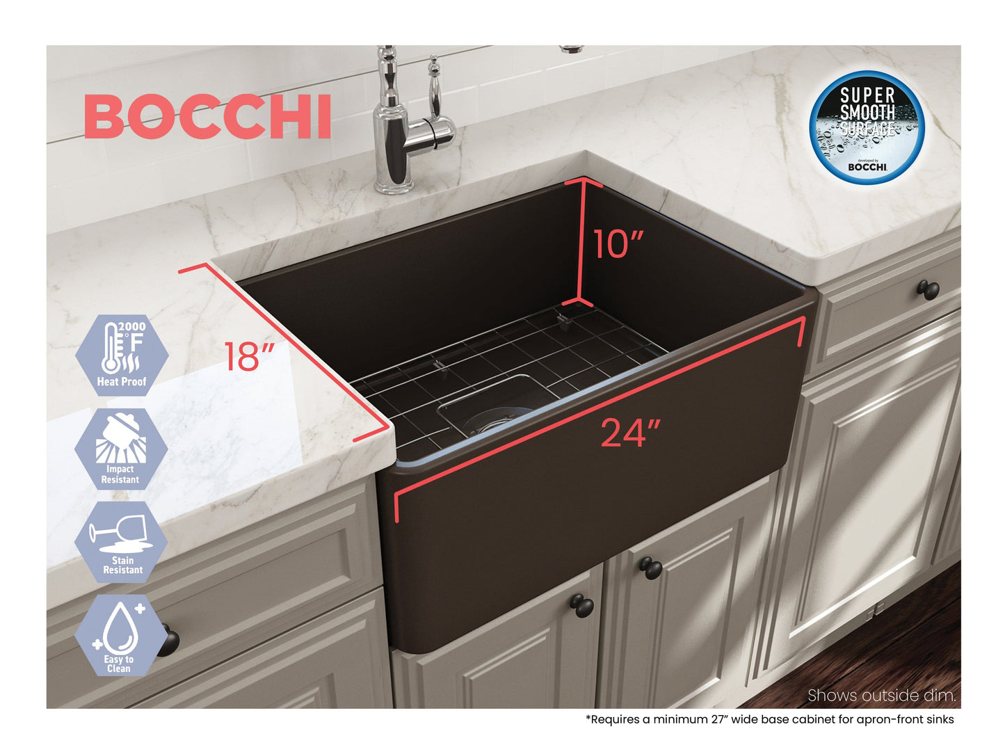 BOCCHI CLASSICO 24" Fireclay Farmhouse Single Bowl Kitchen Sink with protective bottom grid and strainer