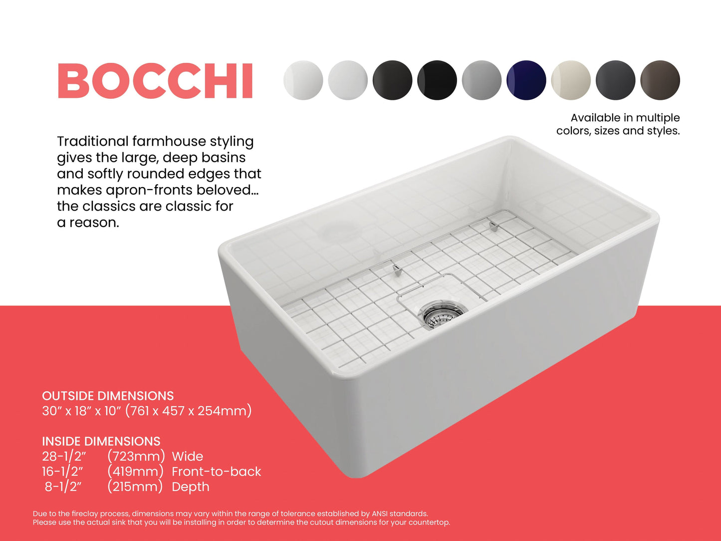 BOCCHI CLASSICO 30" Fireclay Farmhouse Single Bowl Kitchen Sink with Protective Bottom Grid and Strainer left side view in white.
