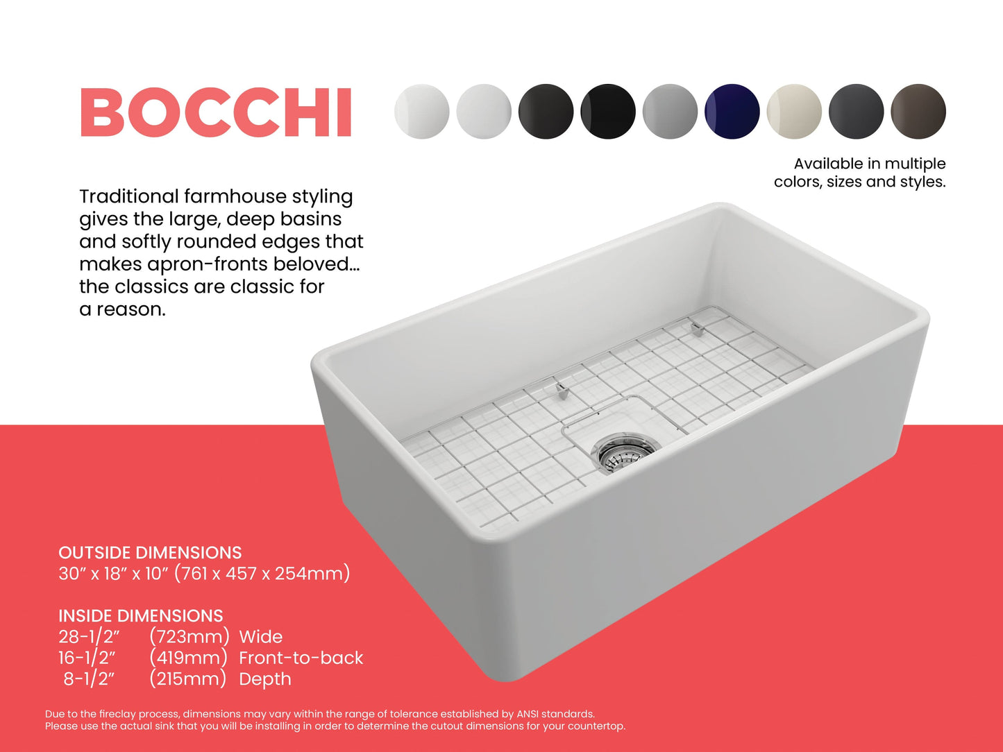 BOCCHI CLASSICO 30" Fireclay Farmhouse Single Bowl Kitchen Sink with Protective Bottom Grid and Strainer right side view