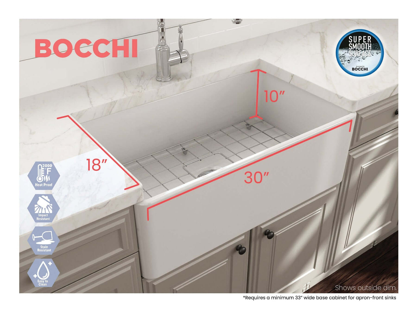 Top view of BOCCHI CLASSICO 30" Fireclay Farmhouse Single Bowl Kitchen Sink with Protective Bottom Grid and Strainer