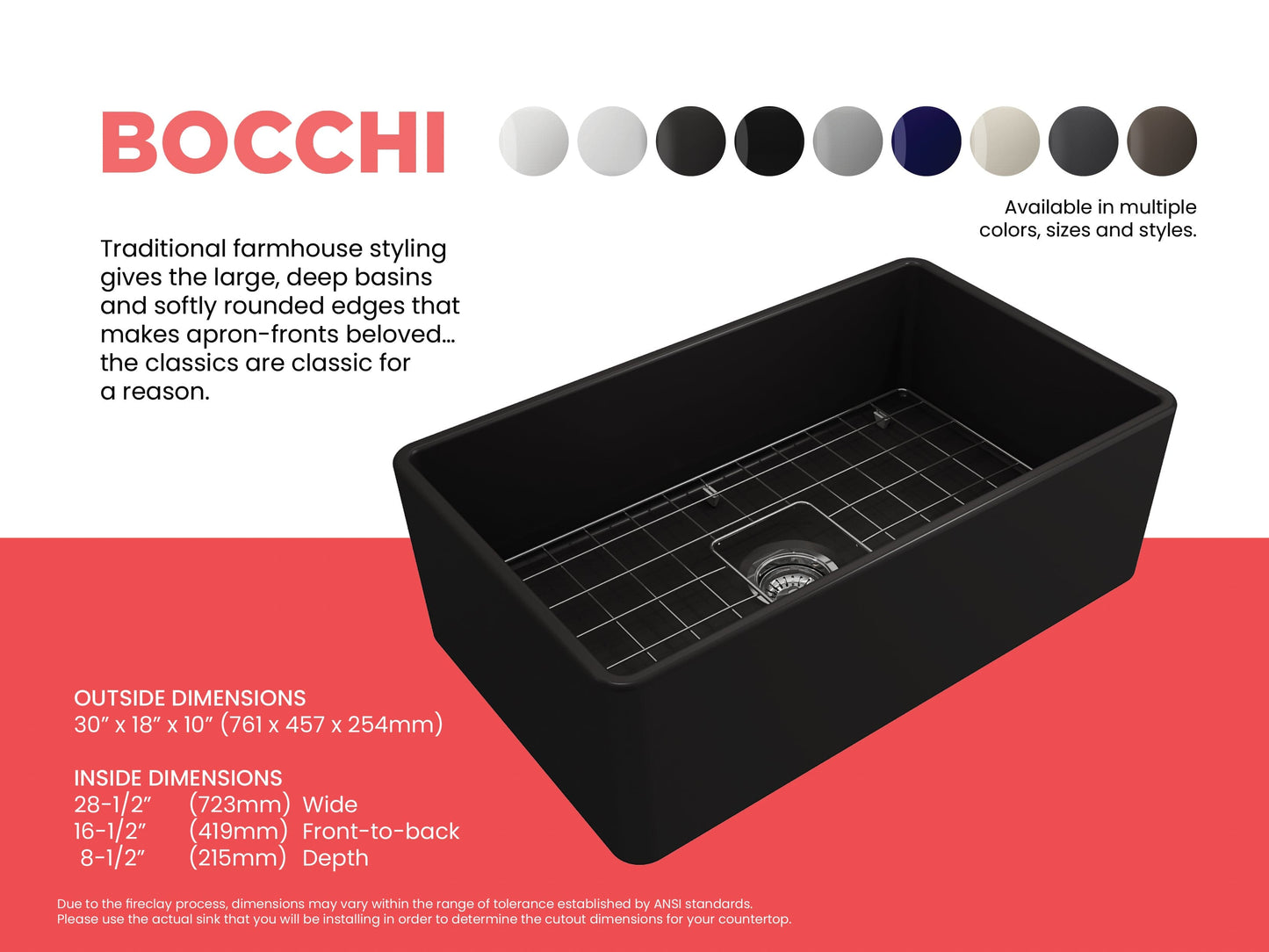 BOCCHI CLASSICO 30" Fireclay Farmhouse Single Bowl Kitchen Sink with Protective Bottom Grid and Strainer in black finish, showcasing deep basin.