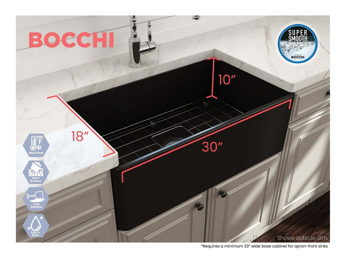 BOCCHI CLASSICO 30" Fireclay Farmhouse Single Bowl Kitchen Sink with Protective Bottom Grid and Strainer - black finish right side view.