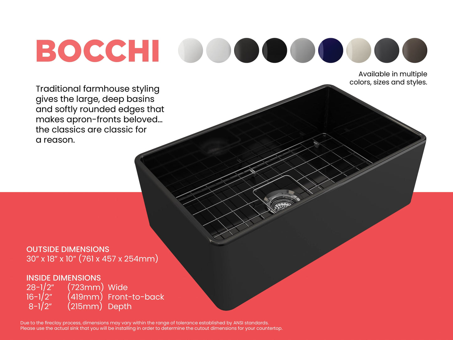 BOCCHI CLASSICO 30" Fireclay Farmhouse Single Bowl Kitchen Sink with Protective Bottom Grid and Strainer in matte black finish