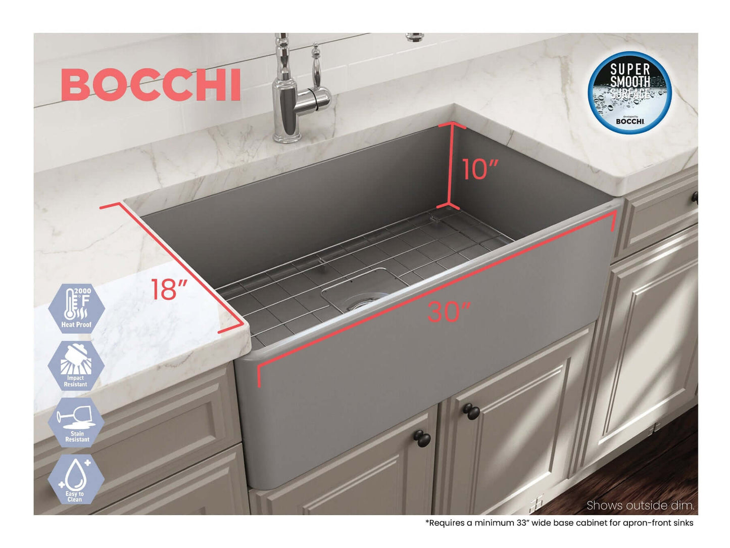 BOCCHI CLASSICO 30" Fireclay Farmhouse Single Bowl Kitchen Sink with Protective Bottom Grid and Strainer right side view with dimensions