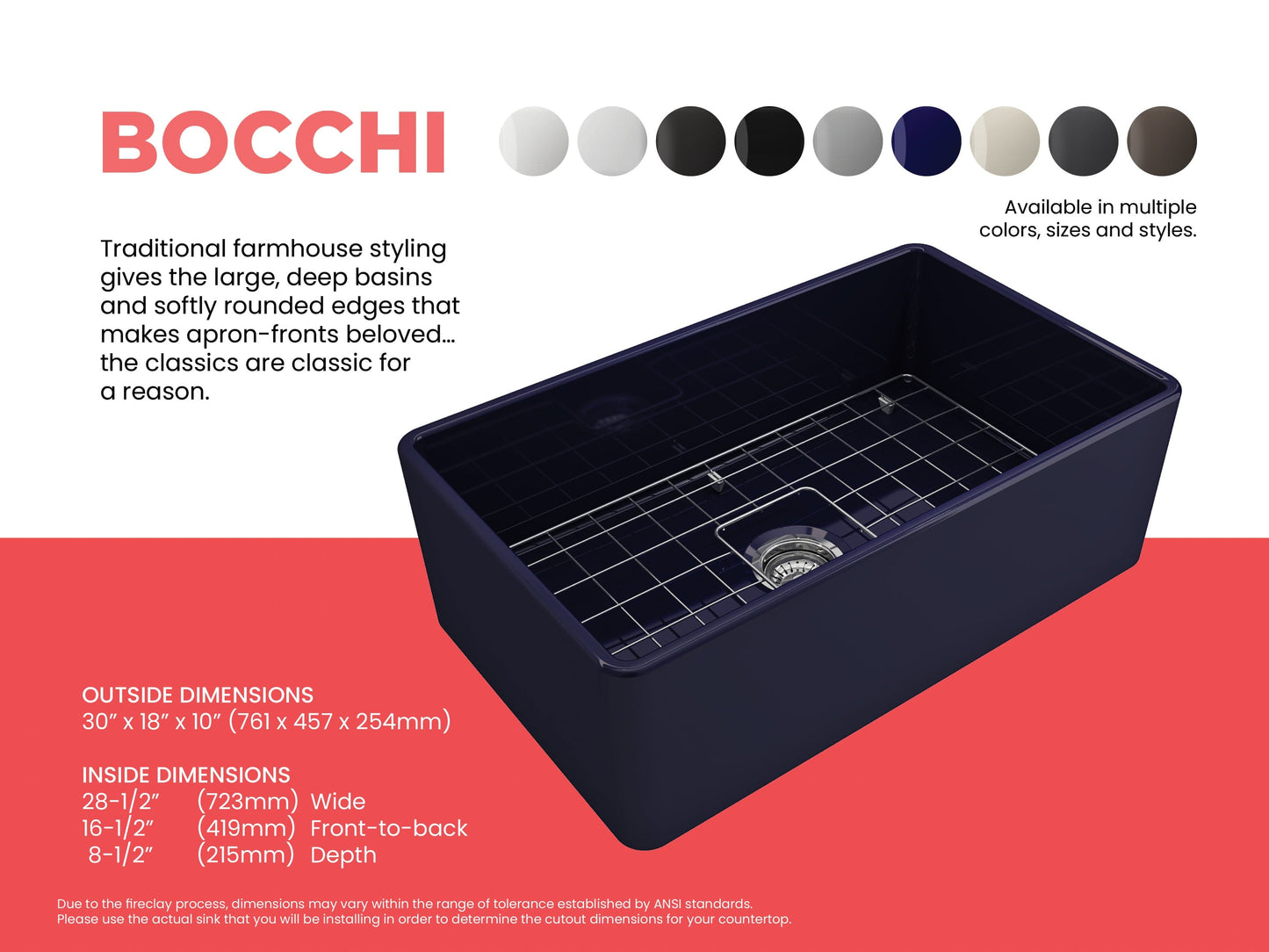 BOCCHI CLASSICO 30" Fireclay Farmhouse Single Bowl Kitchen Sink with Protective Bottom Grid and Strainer - deep navy finish, right side view.