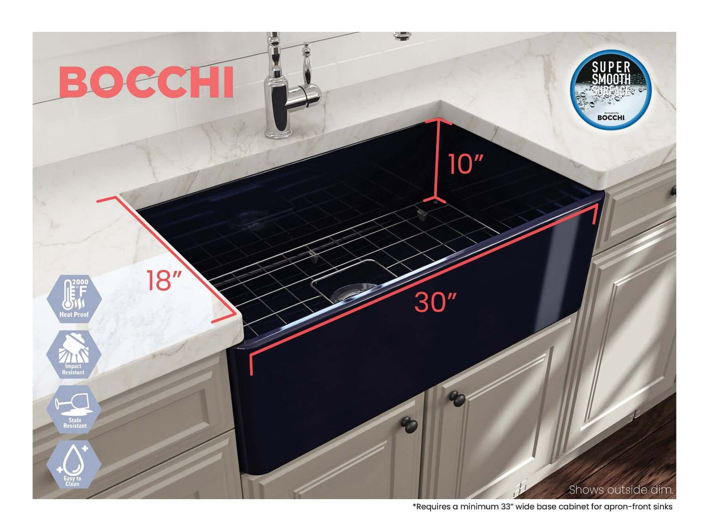 BOCCHI CLASSICO 30" Fireclay Farmhouse Single Bowl Kitchen Sink with Protective Bottom Grid and Strainer right side view with dimensions
