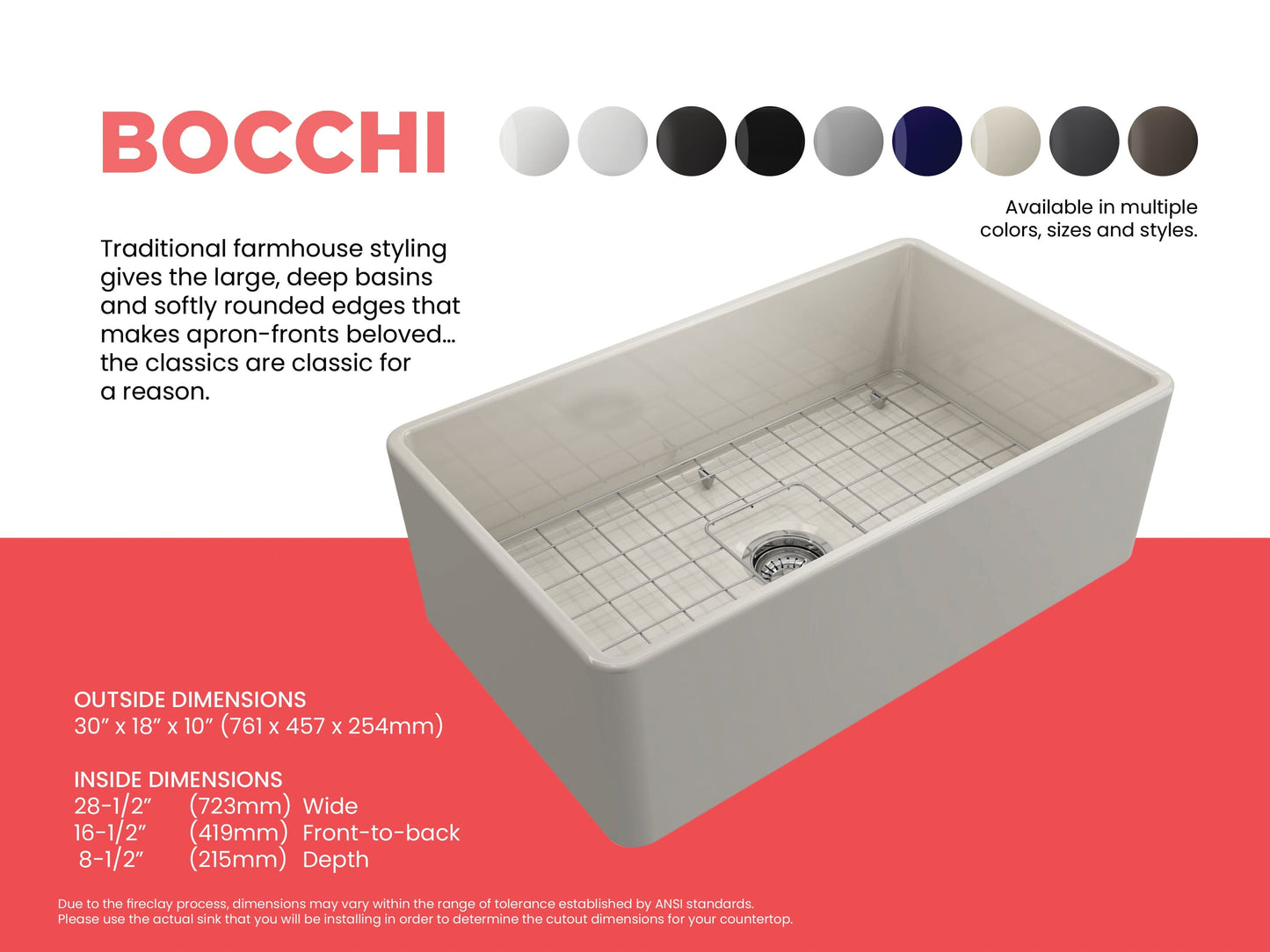 BOCCHI CLASSICO 30" Fireclay Farmhouse Single Bowl Kitchen Sink with Protective Bottom Grid and Strainer right side view in white finish.