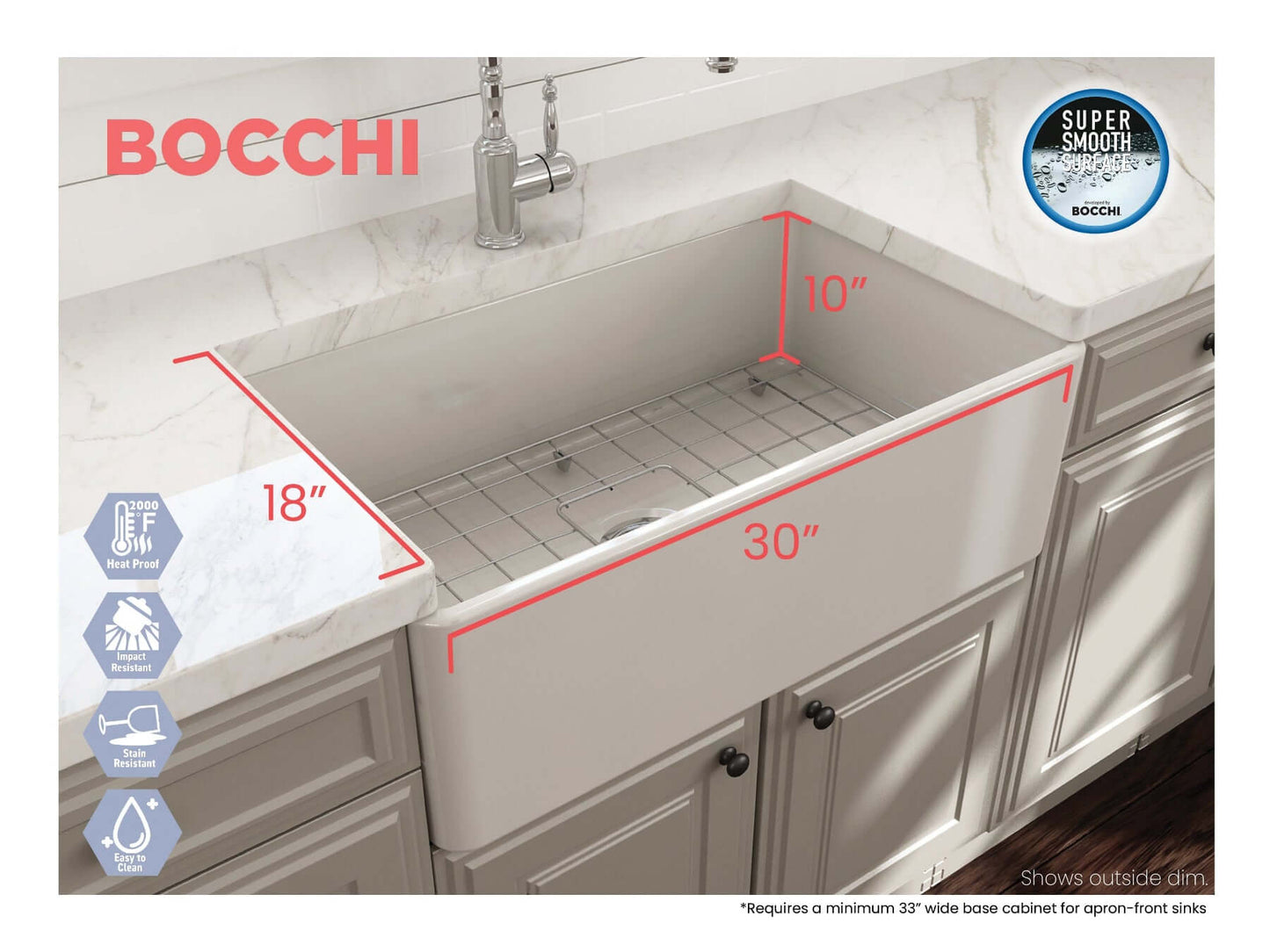 BOCCHI CLASSICO 30" Fireclay Farmhouse Single Bowl Kitchen Sink with Protective Bottom Grid and Strainer, top view with dimensions.