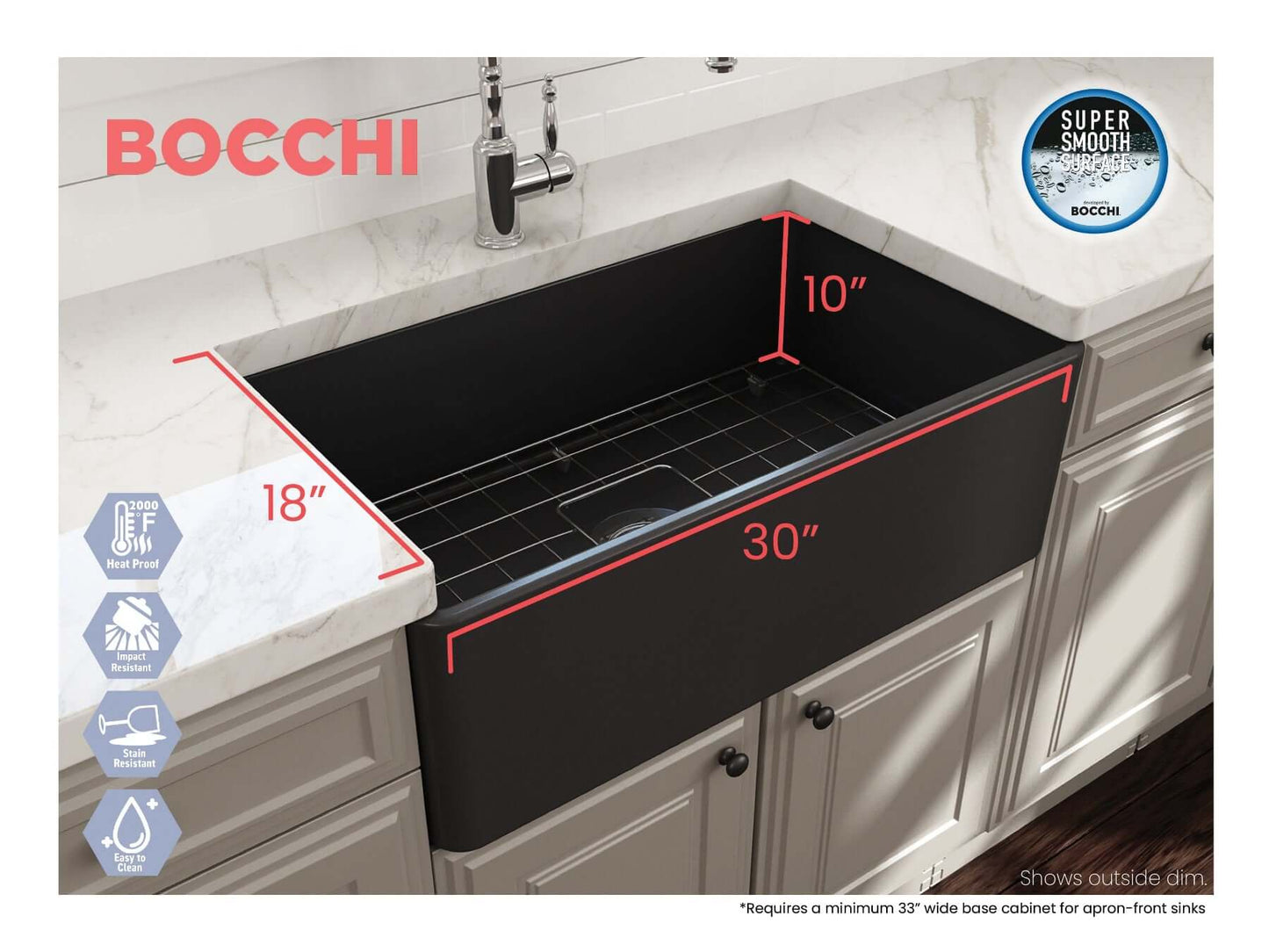 BOCCHI CLASSICO 30" Fireclay Farmhouse Single Bowl Kitchen Sink with Protective Bottom Grid and Strainer right side view