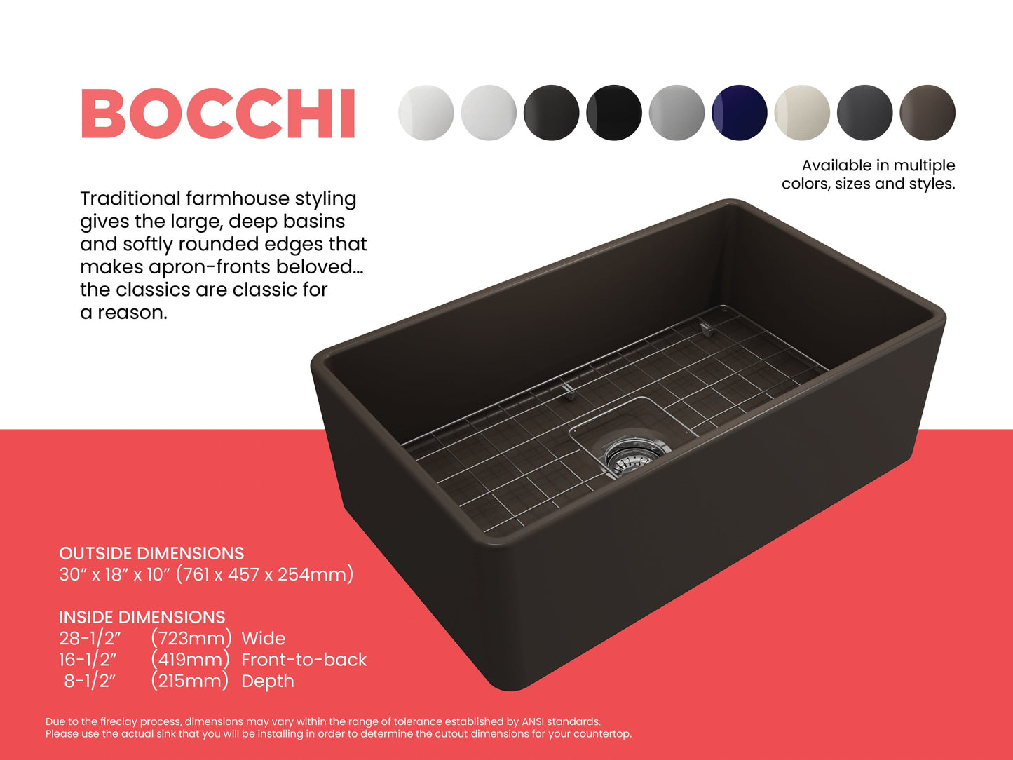 BOCCHI CLASSICO 30" Fireclay Farmhouse Single Bowl Kitchen Sink with Protective Bottom Grid and Strainer in dark brown finish, right side view.