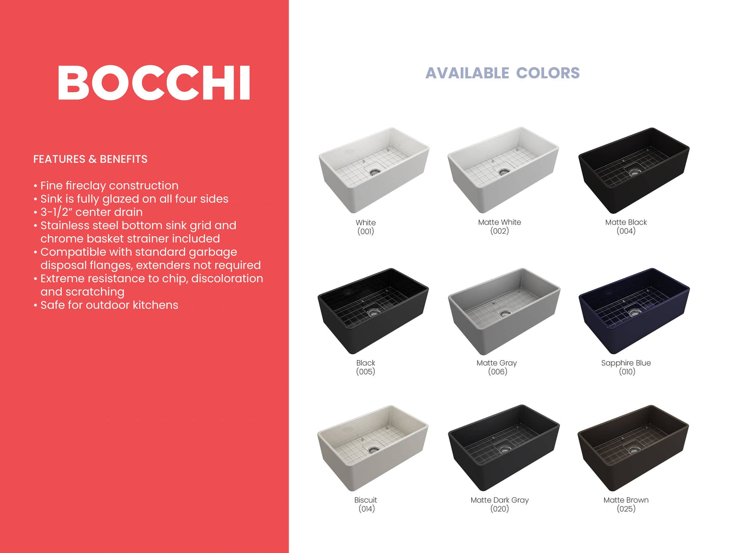 BOCCHI CLASSICO 30" Fireclay Farmhouse Single Bowl Kitchen Sink with Protective Bottom Grid and Strainer available in white, matte white, matte black, and more.