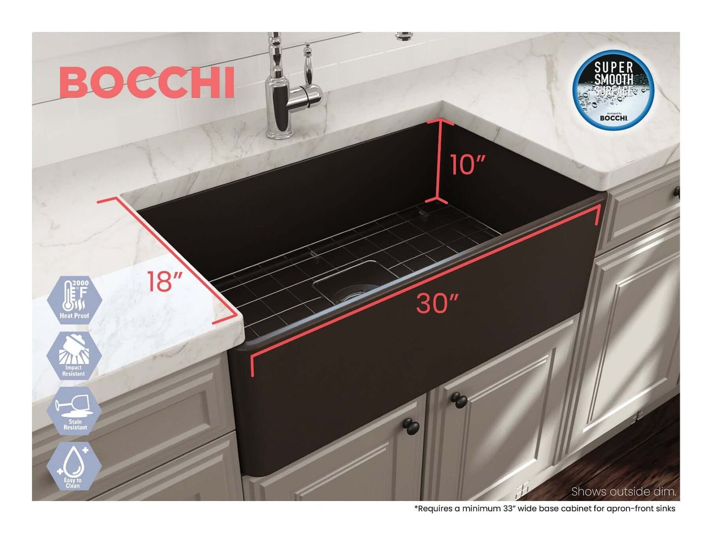 BOCCHI CLASSICO 30" Fireclay Farmhouse Single Bowl Kitchen Sink with Protective Bottom Grid and Strainer, black finish viewed from above.