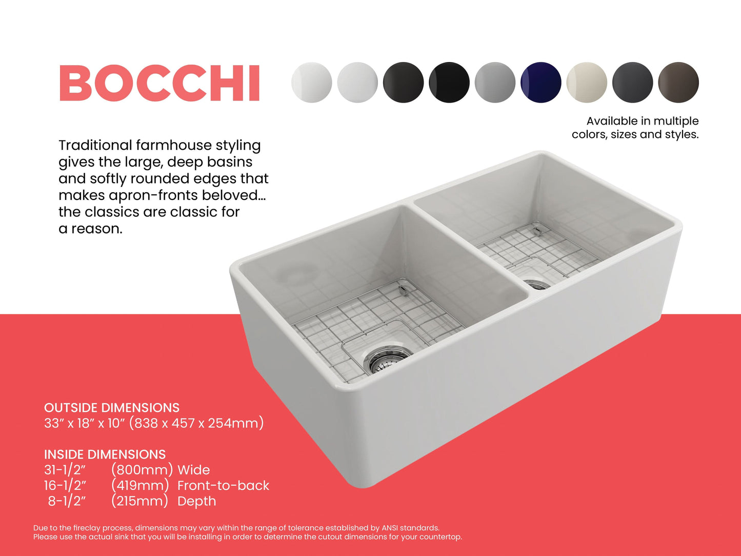 BOCCHI Classico 33" Fireclay Farmhouse Apron 50/50 Double Bowl Kitchen Sink with dimensions and color options.