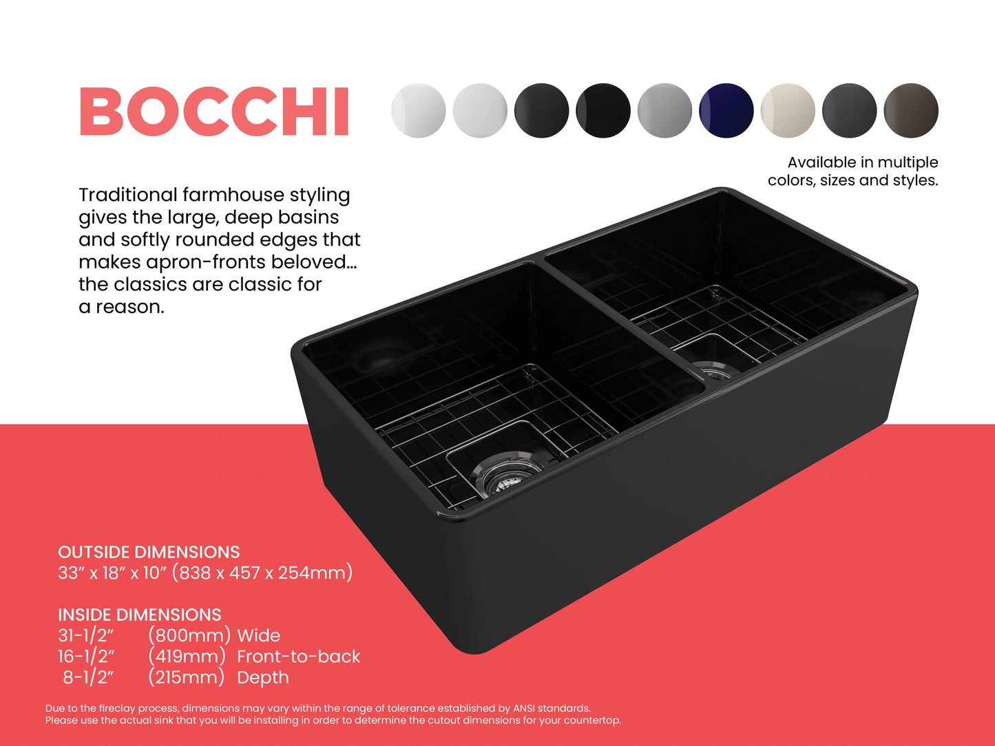BOCCHI Classico 33" Fireclay Farmhouse Apron 50/50 Double Bowl Kitchen Sink with modern styling and practical design.