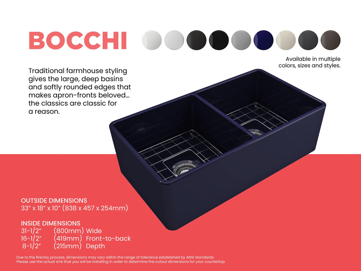 BOCCHI Classico 33" Fireclay Farmhouse Apron 50/50 Double Bowl Kitchen Sink in deep blue with technical specifications.