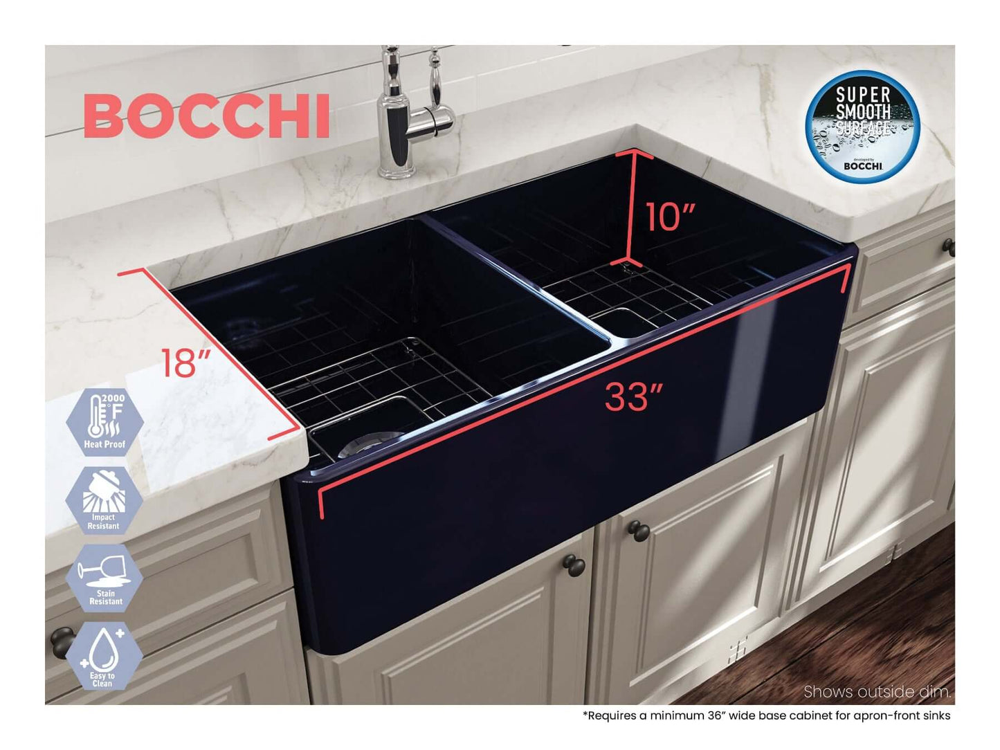 BOCCHI Classico 33" Fireclay Farmhouse Apron 50/50 Double Bowl Kitchen Sink with measurements displayed.